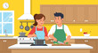 © oriol - Happy young couple cooking a meal together in a modern kitchen, the woman stirs the pot while the man chops vegetables