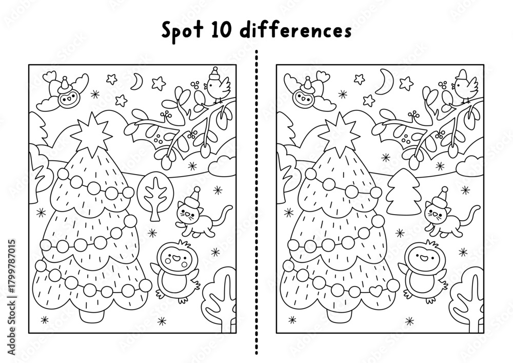 Christmas line find differences game. Winter holiday black and white ...