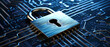 © Eyepain - Padlock for privacy data network protection computing system on dark blue background, cyber security technology for fraud prevention.