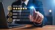 © wakhid saiful anam - A person selects excellent with five stars and a checkmark on a digital rating scale, indicating a positive customer review and high satisfaction with a product or service