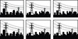 © MDBENJIR - Cityscape with transmission towers silhouette vector, urban skyline and power line illustration, electricity infrastructure artwork, energy distribution system design concept