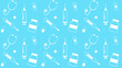 © MAVISARIN - Medical seamless pattern with healthcare elements on blue background including syringe, stethoscope, thermometer, pill, and medicine bottle. Perfect for hospital design, clinic, or pharmacy use