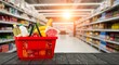 © أبو عبد الله - Fresh groceries in red basket offer healthy eating choices from supermarket aisle with meat, vegetables, fruit and dairy