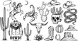 © Vector Studio - Collection of hand drawn western elements including cowboy hat skull cactus and boots