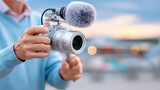 Camera operator holding a video camera with a boom microphone in an outdoor setting during daylight