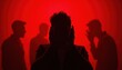 © WhataWin - Silhouette of a person covering ears surrounded by shadowy figures whispering against red light, concept of mental stress, anxiety, paranoia or intrusive thoughts