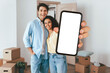 © Prostock-studio - A happy couple stands in a room filled with moving boxes. They hold a smartphone with a blank screen, smiling as they enjoy their fresh start in a new home.