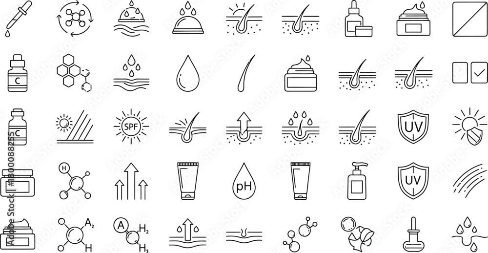 Collection of hand drawn doodle icons representing skincare and beauty treatments and products