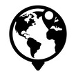 © MstSonia - Stylized black and white icon of planet earth with a location pin marker, representing global navigation, travel, or a point of interest on a map