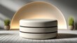 © Orod - Minimal round podium with glowing arc light and soft neutral tones for luxury presentation design.