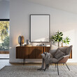 © mtlapcevic - Modern Living Room Poster Frame Mockup with Natural Light and Minimalist Decoration. 3D render.