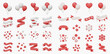 © Heri - Collection of 3D rendered red and white festive elements including balloons, ribbons, banners, and confetti shapes on a transparent background.