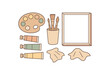© Lion - Flat vector painting set: paint tubes palette brushes cup canvas board rag cloth pastel palette clean outlines minimal centered isolated on white no logos