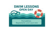 © Lion - Flat vector banner for SWIM LESSONS OPEN DAY pool waves goggles and float aqua palette clean headline panel for pool address and requirements