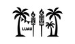 © Lion - flat black vector illustration of tropical luau party with tiki torches garlands and palm trees silhouette modern vector strong clear shapes isolated on white background