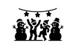 © Lion - flat black vector illustration of snow party with snowmen people and lights solid silhouette composition isolated on white background