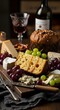 © Edina - A cheese board with grapes, bread, and wine, alongside a bottle of wine and a glass of red wine