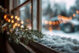 Snowy Window Sill with Pine Branch and Blurry Festive Winter View