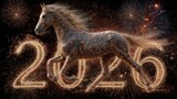 Horse galloping with fireworks and sparkling 2026 new year celebrations