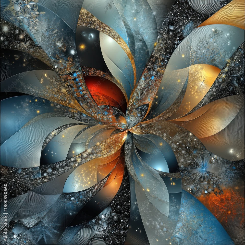 Highly detailed abstract digital art resembling a fractal bloom with glowing petals and intricate textures. Illustrates complex technology and structure.