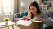 © fadhil - Happy young woman opening a delivery box with colorful items in her cozy living room.