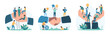 © Iconic Prototype - Support for office employees wellbeing, corporate insurance and success of cooperation set. Giant businessmans hands hold tiny people at workplace, leaders handshake cartoon vector illustration