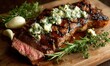 © TheoTheWizard - A steak with blue cheese on top is sitting on a wooden cutting board