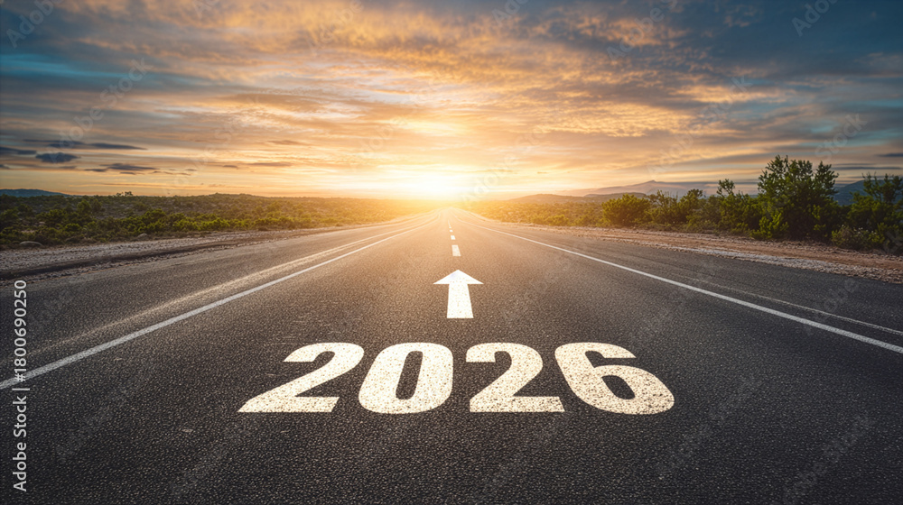 Stock-Foto „Road to 2025 with an empty road with written 2026 and arrow ...