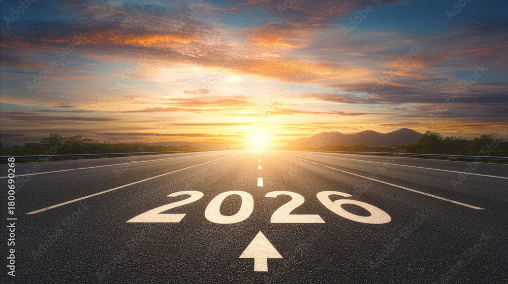 Road to 2025 with an empty road with written 2026 and arrow pointing ...
