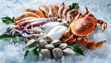 Assorted fresh seafood on ice including shrimp squid clams and crustaceans