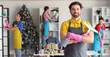 © Pixel-Shot - Male janitor with squeegee and detergent against his team cleaning in office after New Year party