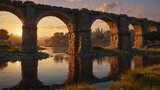 Roman bridge ruins under sunset haze war