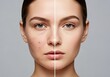 © Tiana_Geo - Woman's face before and after acne treatment. Comparison of problem skin with pimples and clear, healthy skin. Concept for skincare, dermatology, and beauty results.
