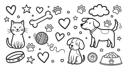 Naklejka na meble A charming collection of hand-drawn doodle illustrations featuring cute cats, dogs, and various pet accessories like bones, collars, and food bowls in a playful line art style