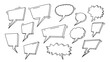 © Mr. Stocker - A collection of hand-drawn comic book style speech bubbles and thought clouds in various shapes, featuring a black and white doodle aesthetic with a 3D effect, isolated on a white background