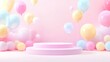 © Sinechana - 11.A beautifully designed 3D scene featuring a minimalistic podium stage with pastel-colored geometric balloons hovering around it. The soft pastel background fades into abstract forms, providing a