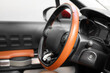 © Pixel-Shot - View of modern steering wheel in car, closeup