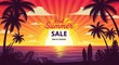 © Sekendar - Hot summer sale end of season with palm trees and surfboard on a tropical beach sunset