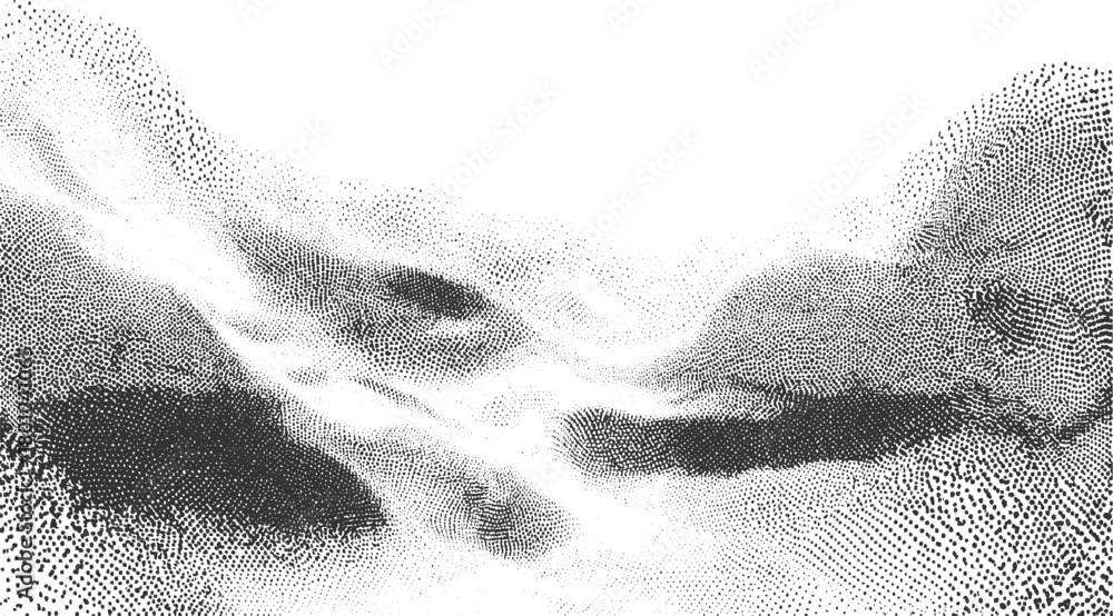 Abstract black and white stippled landscape with flowing lines and ...