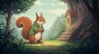 © CrazyJuke - Squirrel at Cozy Cottage: A charming illustration depicts a squirrel, clad in a green jacket, standing with a miniature cottage, embodying the serenity of rural life and cozy living.