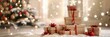 © iri.madrid.art - Creative christmas tree made from cardboard boxes with festive decorations. Blurred background, bokeh effect. Horizontal banner. Copy space. Free space for text. Boxing Day