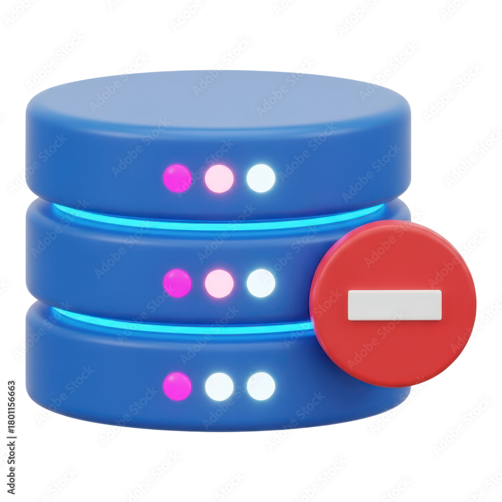 Database server with minus sign isolated on transparent background, data storage concept