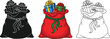 © Zeeshan - Illustration of santas sack full of christmas presents, shown as a silhouette, a colored image, and a line drawing
