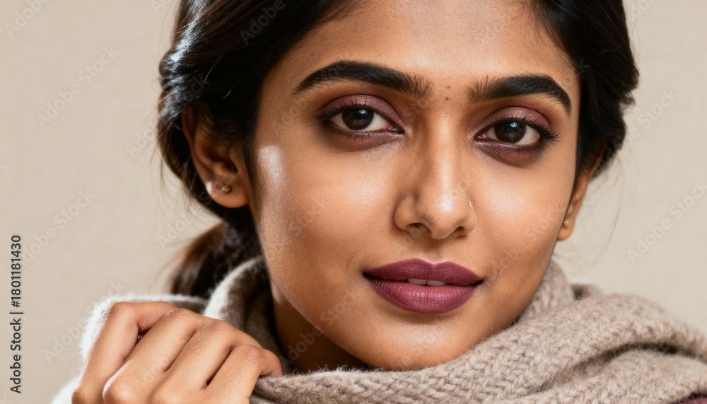 Closeup portrait of a young indian woman with dark hair and expressive ...