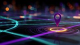 Dynamic purple navigation pin marking location on futuristic map with glowing lines, perfect for travel, technology, or business concepts now