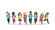 © Uzzal - Happy and energetic diverse elementary school children, wearing backpacks, run together towards an adventure.