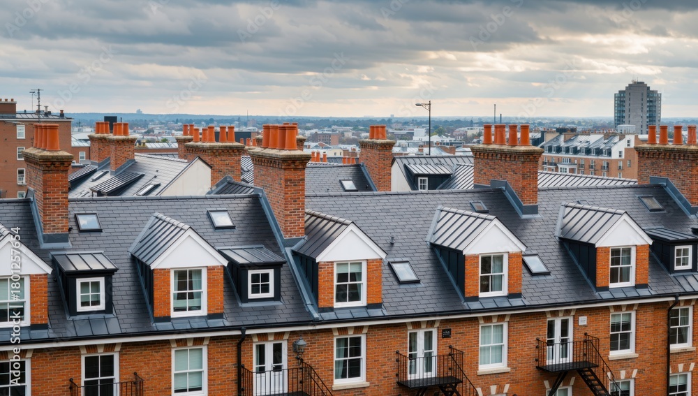 Rooftops of brick buildings with chimneys and dormer windows under a ...