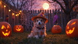 Ulubiony pupil w święto halloween. doskonały strój, characteryzacja i świąteczna sceneria. Ulubione zwiarzątko w przebraniu.
