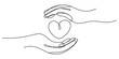 © Single Line Art - Continuous line art drawing of two human hands cupping a heart symbol, representing love, care, support, and connection in relationships.