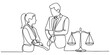 © Single Line Art - Attorney and client in a professional legal consultation, rendered in a minimalist continuous line art style with a scale of justice.